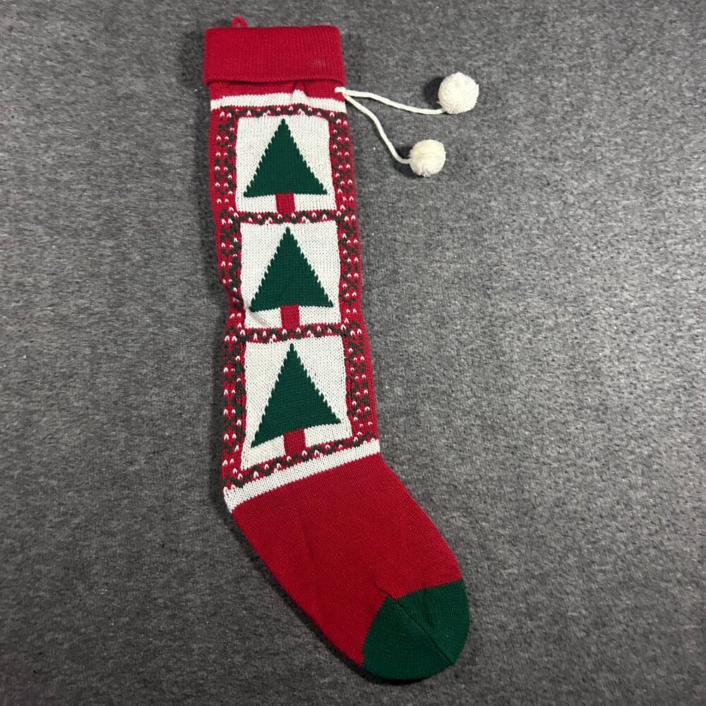 Vintage Knit Christmas Stocking Tree Red Green Yarn Crochet Pom Pom
